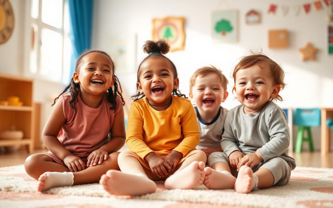 Toddlers laughing at a childcare centre